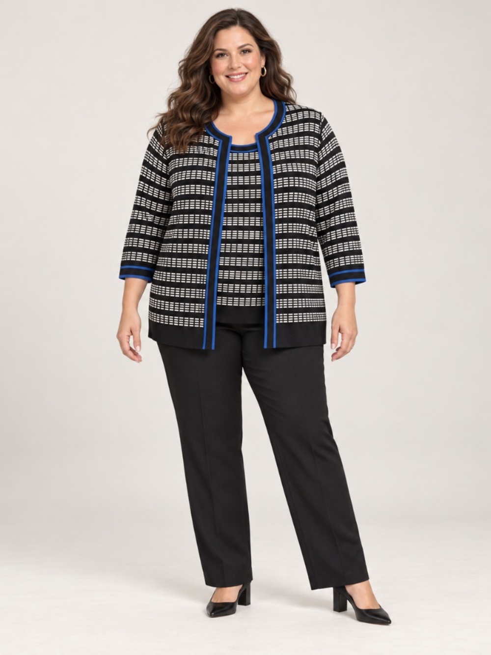 Kasper 1X Black Ivory Blue Knit Cardigan & Shell 2 Piece Sweater Set